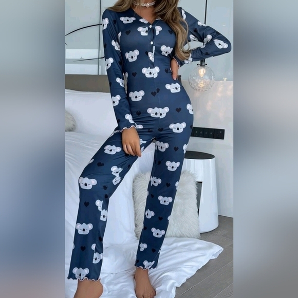 Koala & Heart Print Half Button Lettuce Trim Sleep Jumpsuit PJs Size small NWOT - Picture 3 of 6